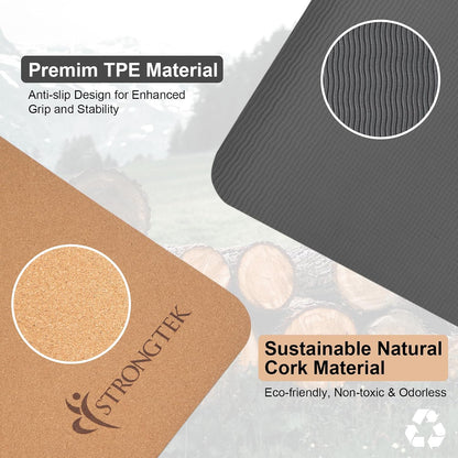 Cork Yoga Mat, Eco-Friendly, TPE Base, 7 mm, 72 x 24 in