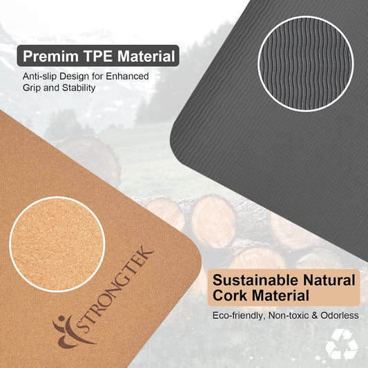 Cork Yoga Mat, Eco-Friendly, TPE Base, 7 mm, 72 x 24 in