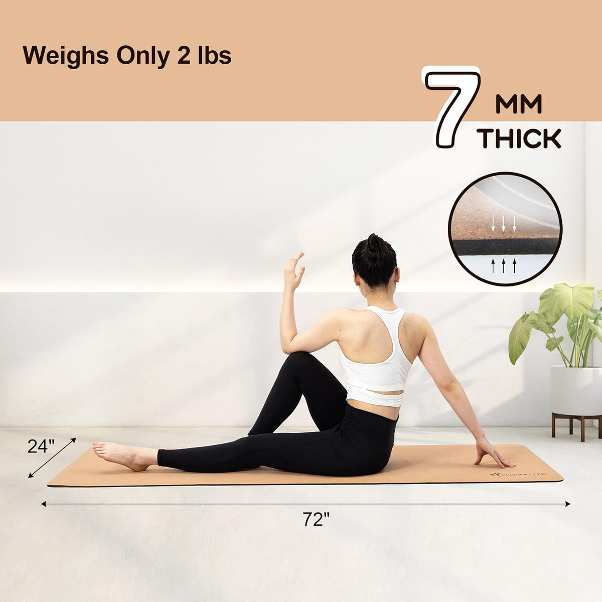 Cork Yoga Mat, Eco-Friendly, TPE Base, 7 mm, 72 x 24 in