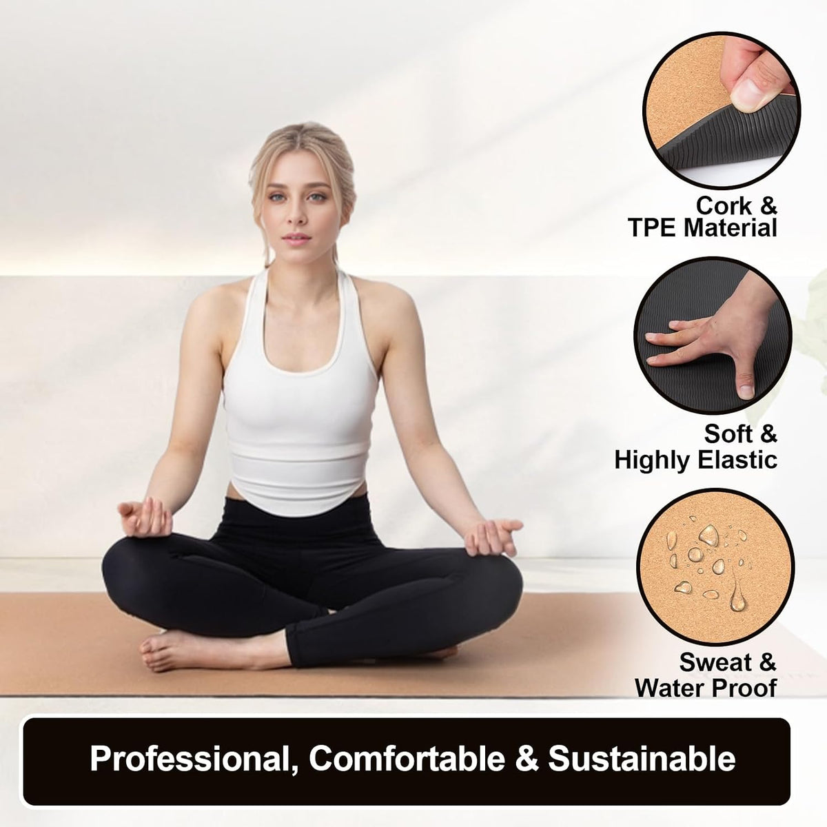 Cork Yoga Mat, Eco-Friendly, TPE Base, 7 mm, 72 x 24 in