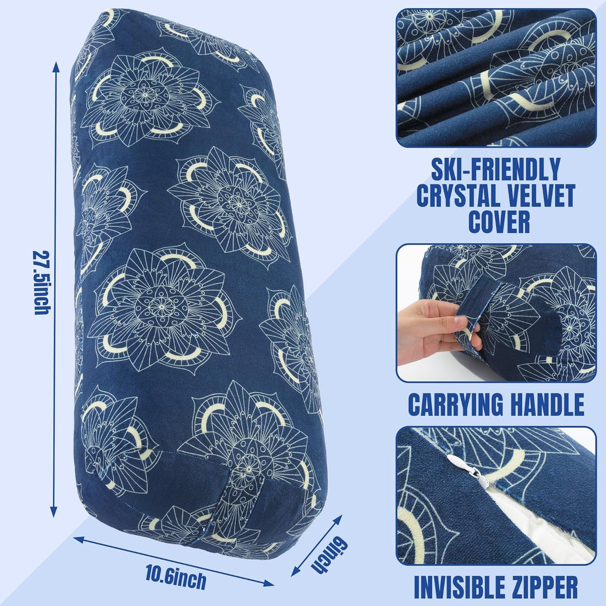 Yoga Bolster Pillow, Rectangular Yoga Bolster for Restorative & Meditation, Professional Meditation Cushion with Carry Handle