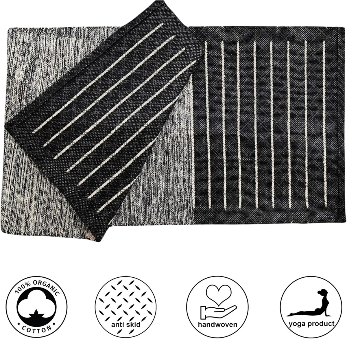 Indian Handmade100 % Organic Anti Skid Multi Colour Cotton Yoga Mat - Eco-Friendly Hand-Woven Rug - Non-Slip & Thick (24”x72”x5mm) for Hot yoga & Everyday Fitness at Home - Comfortable & Foldable Extra-Long Mat