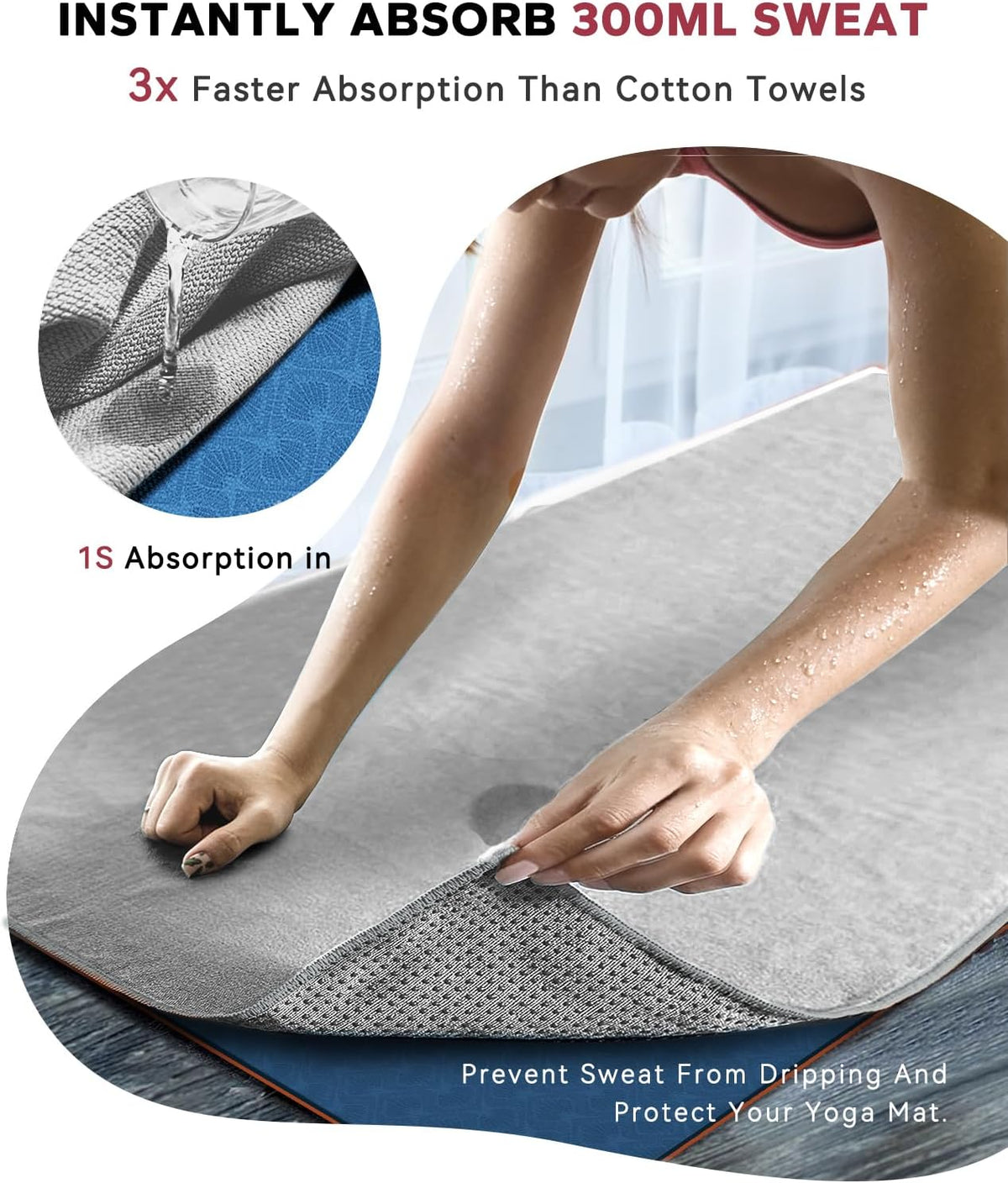 HAPBEAR Non Slip Yoga Mat Towel with Grip Dots, 72" x 24" Hot Yoga Towel - Super Absorbent Microfiber Yoga Towel for Hot Yoga, Bikram, Pilates and Gym Workout - Grey