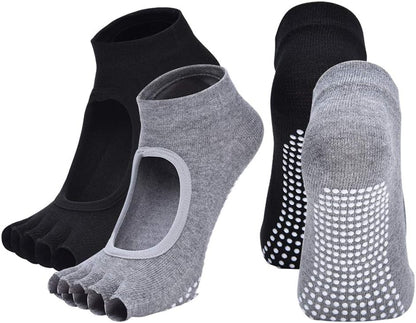 2 Pairs Toeless Yoga Socks Non-Slip Grips for Pilates Ballet Dance Barefoot Workout Cotton Open Toe Sports Socks