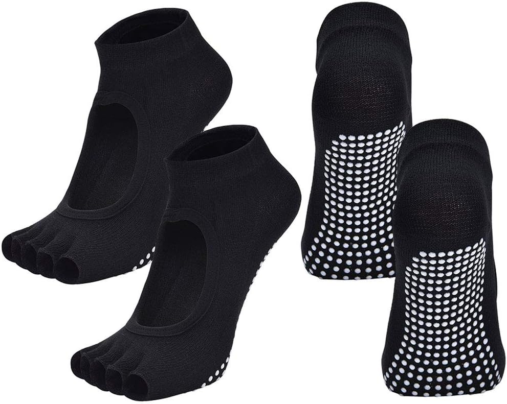 2 Pairs Toeless Yoga Socks Non-Slip Grips for Pilates Ballet Dance Barefoot Workout Cotton Open Toe Sports Socks