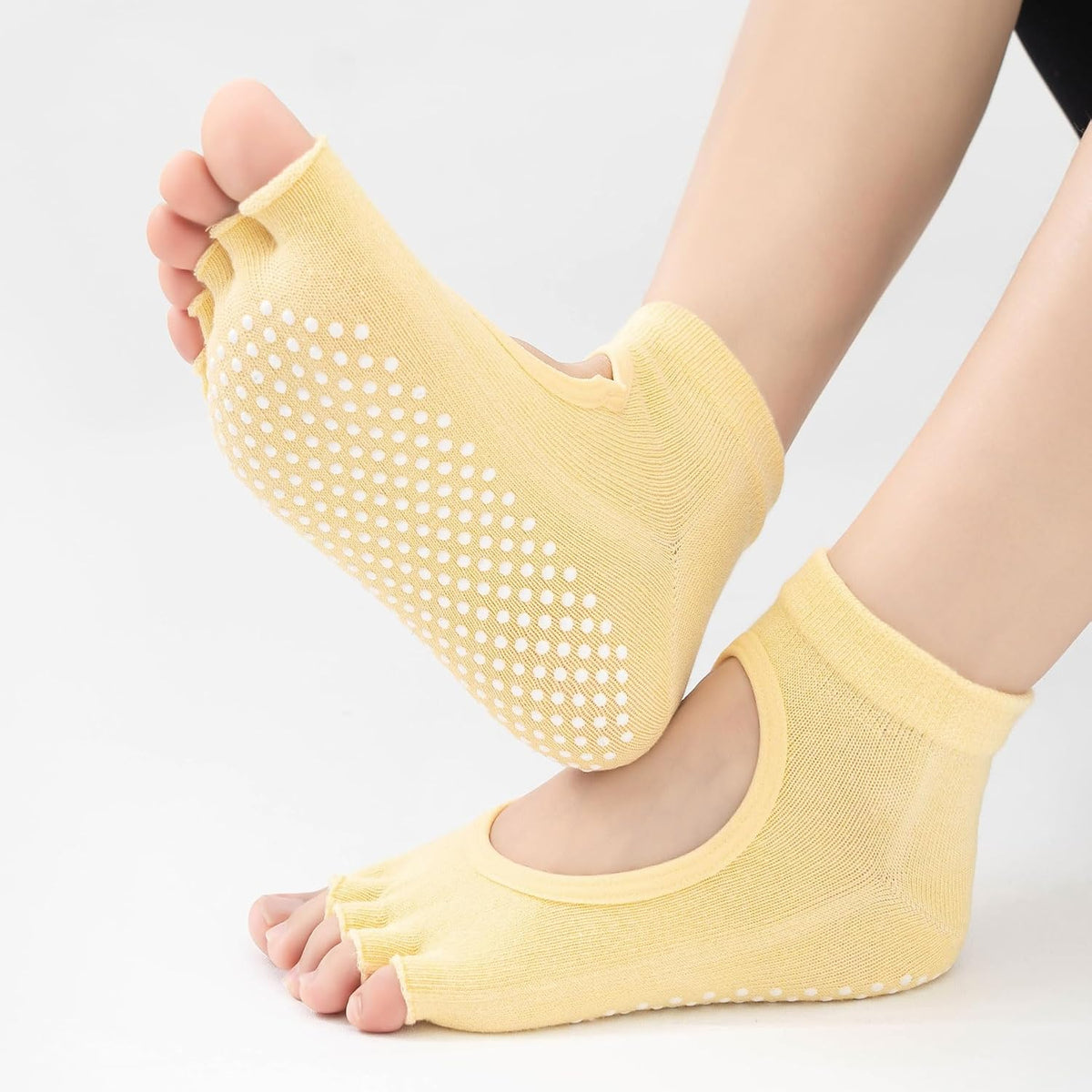 2 Pairs Toeless Yoga Socks Non-Slip Grips for Pilates Ballet Dance Barefoot Workout Cotton Open Toe Sports Socks