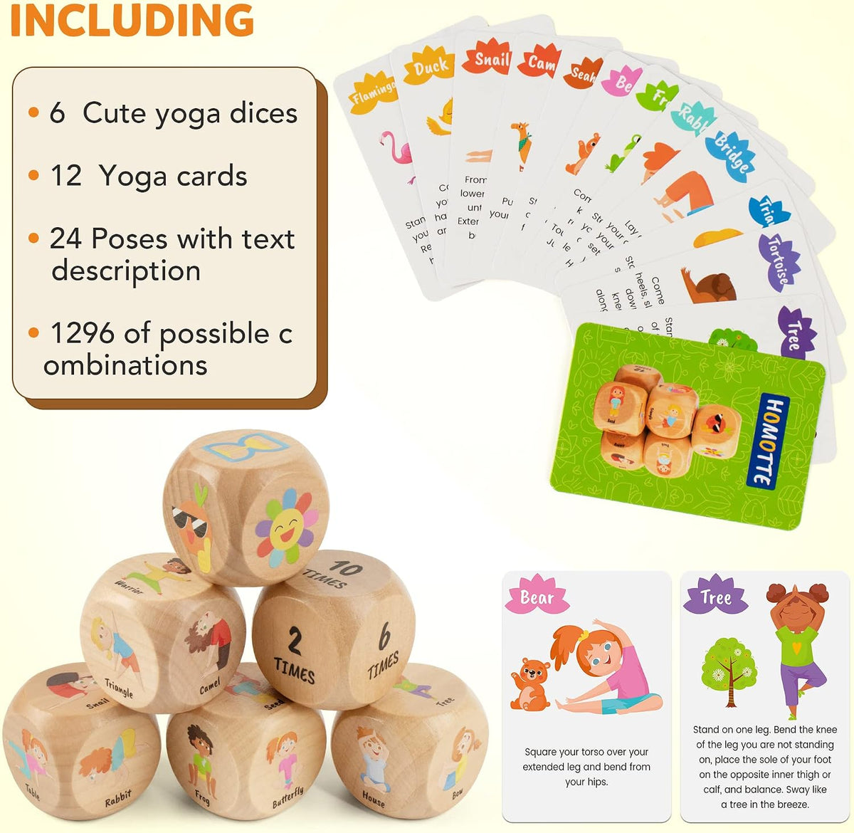 Homotte Wooden Yoga Dice Set for Kids Fun Workout Game