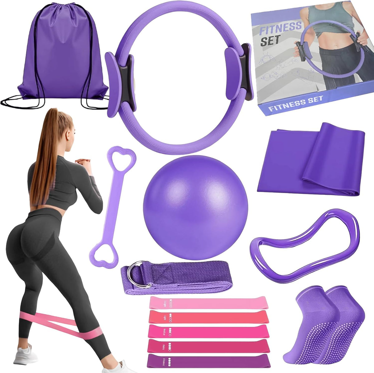 Pilates Kit for Home Workouts, 13-Pcs Pilates Essentials Kit with Ring and Ball Set, Resistance Bands, Home Pilates Equipment for Women, Starter Workout Kit for Beginners