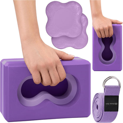 Yoga Blocks Wrist Support; Yoga Blocks 2 Pack with Knee Pads and Strap to Put Less Weight on Wrists; Durable, Versatile Yoga Brick Exercise Block Set, Blocks Yoga