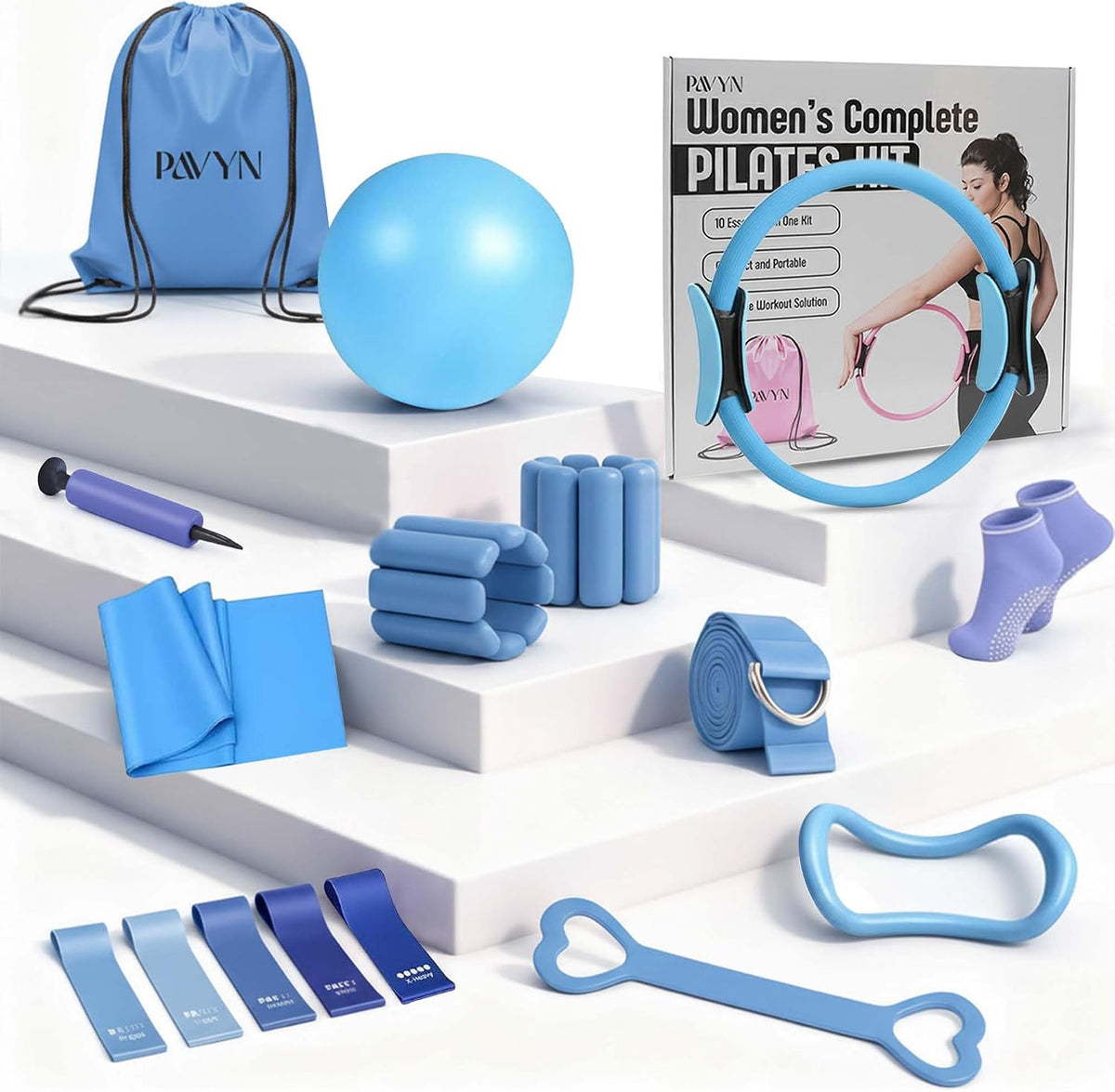 Pilates Kit for Women – 16 Pcs Pilates Equipment Set with Magic Circle Ring, Ball, 5 Resistance Bands, Yoga Strap, Ankle Weights, Grip Socks & More | Pilates Starter Kit