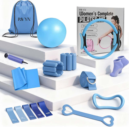 Pilates Kit for Women – 16 Pcs Pilates Equipment Set with Magic Circle Ring, Ball, 5 Resistance Bands, Yoga Strap, Ankle Weights, Grip Socks & More | Pilates Starter Kit