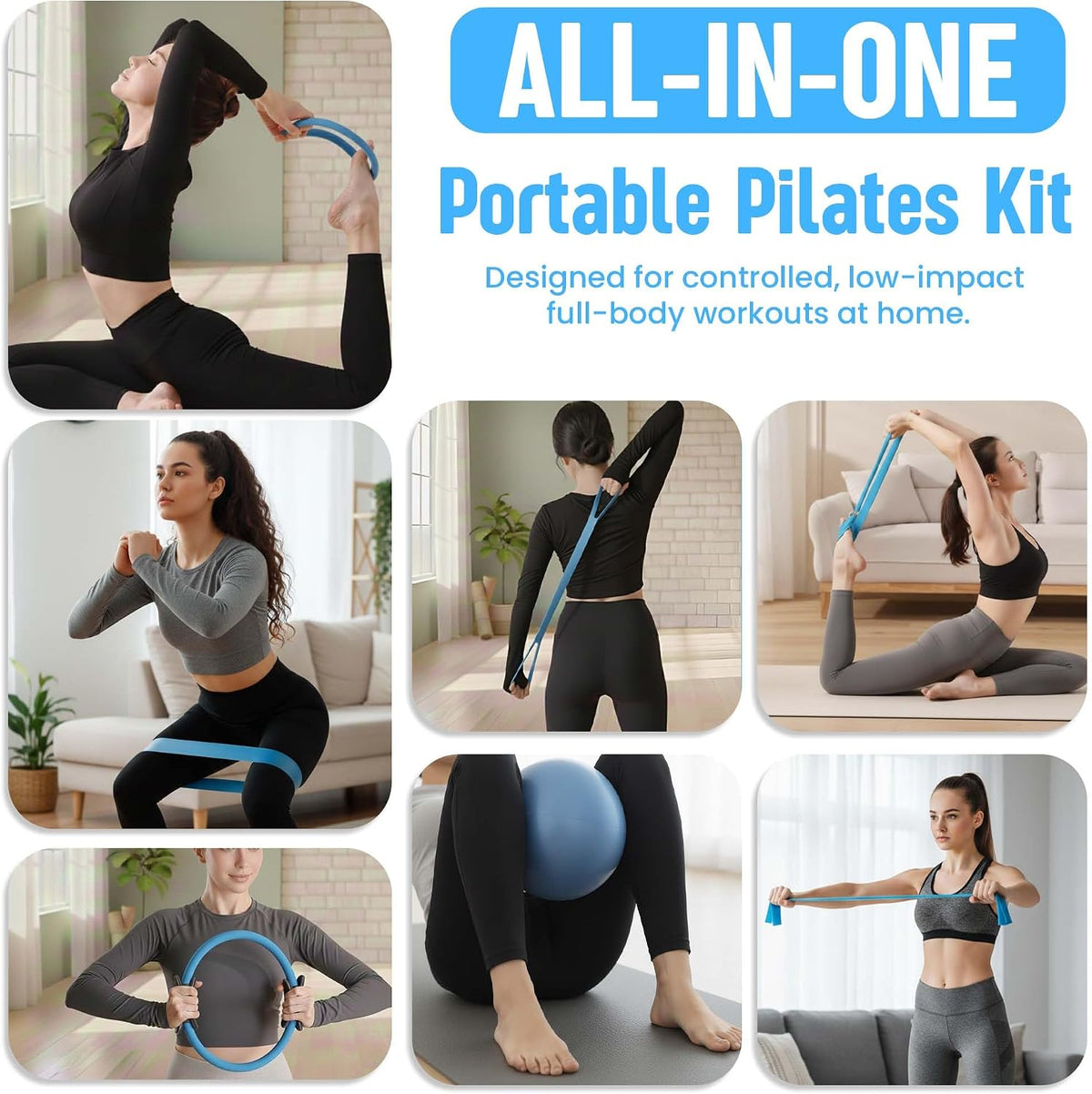 Pilates Kit for Women – 16 Pcs Pilates Equipment Set with Magic Circle Ring, Ball, 5 Resistance Bands, Yoga Strap, Ankle Weights, Grip Socks & More | Pilates Starter Kit