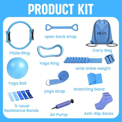 Pilates Kit for Women – 16 Pcs Pilates Equipment Set with Magic Circle Ring, Ball, 5 Resistance Bands, Yoga Strap, Ankle Weights, Grip Socks & More | Pilates Starter Kit