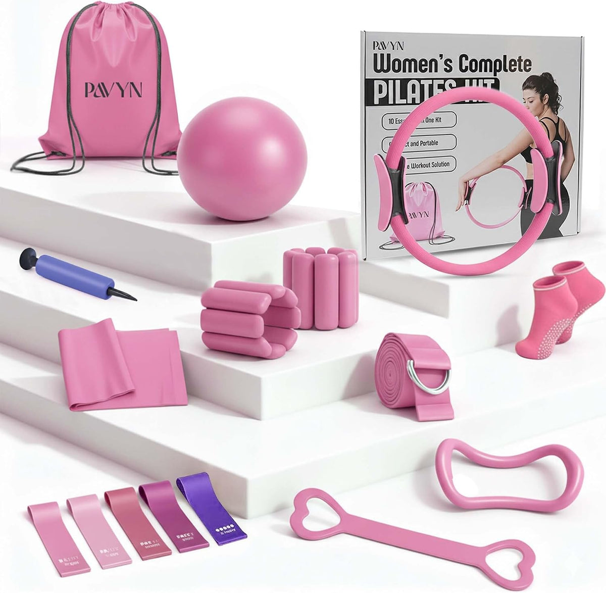 Pilates Kit for Women – 16 Pcs Pilates Equipment Set with Magic Circle Ring, Ball, 5 Resistance Bands, Yoga Strap, Ankle Weights, Grip Socks & More | Pilates Starter Kit