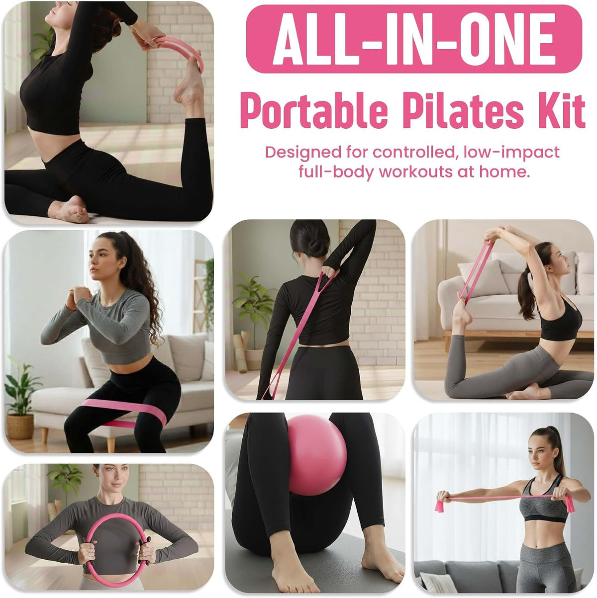 Pilates Kit for Women – 16 Pcs Pilates Equipment Set with Magic Circle Ring, Ball, 5 Resistance Bands, Yoga Strap, Ankle Weights, Grip Socks & More | Pilates Starter Kit