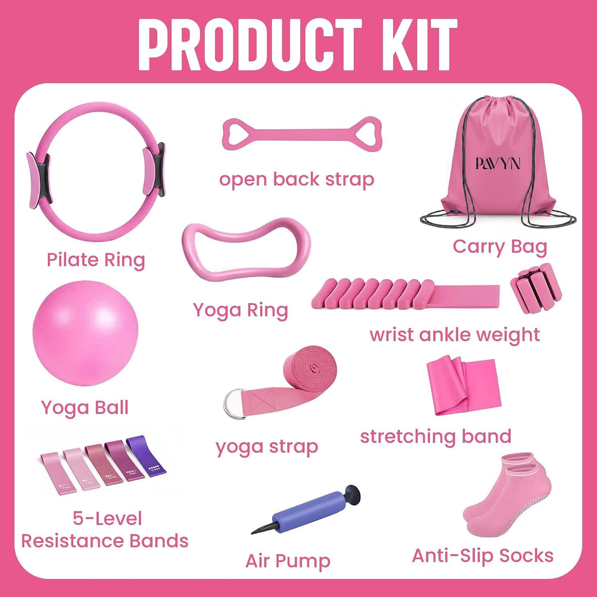 Pilates Kit for Women – 16 Pcs Pilates Equipment Set with Magic Circle Ring, Ball, 5 Resistance Bands, Yoga Strap, Ankle Weights, Grip Socks & More | Pilates Starter Kit