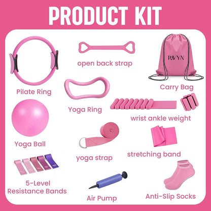 Pilates Kit for Women – 16 Pcs Pilates Equipment Set with Magic Circle Ring, Ball, 5 Resistance Bands, Yoga Strap, Ankle Weights, Grip Socks & More | Pilates Starter Kit