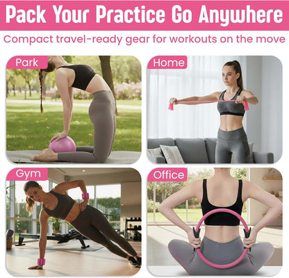 Pilates Kit for Women – 16 Pcs Pilates Equipment Set with Magic Circle Ring, Ball, 5 Resistance Bands, Yoga Strap, Ankle Weights, Grip Socks & More | Pilates Starter Kit