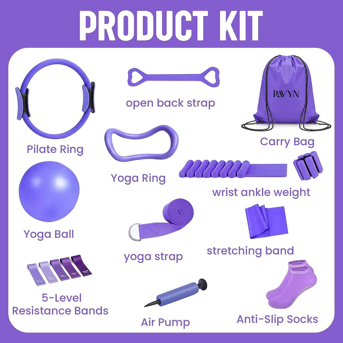Pilates Kit for Women – 16 Pcs Pilates Equipment Set with Magic Circle Ring, Ball, 5 Resistance Bands, Yoga Strap, Ankle Weights, Grip Socks & More | Pilates Starter Kit