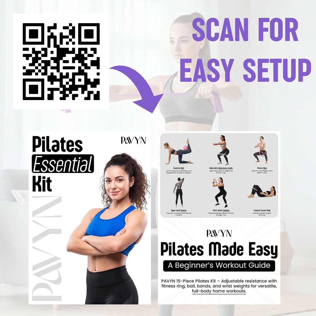 Pilates Kit for Women – 16 Pcs Pilates Equipment Set with Magic Circle Ring, Ball, 5 Resistance Bands, Yoga Strap, Ankle Weights, Grip Socks & More | Pilates Starter Kit
