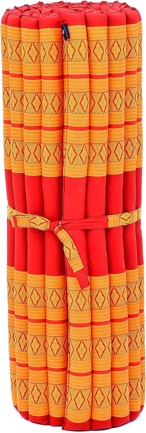 Kapok Roll Mat – Handcrafted Folding Sleep & Relaxation Mattress from Thailand, Ideal as Guest Bed, Camping Mat, Yoga Mat or Traditional Futon, 75 x 39 inches, Orange Red