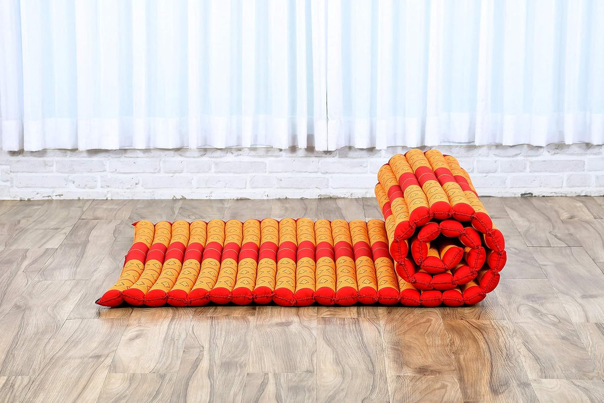 Kapok Roll Mat – Handcrafted Folding Sleep & Relaxation Mattress from Thailand, Ideal as Guest Bed, Camping Mat, Yoga Mat or Traditional Futon, 75 x 39 inches, Orange Red