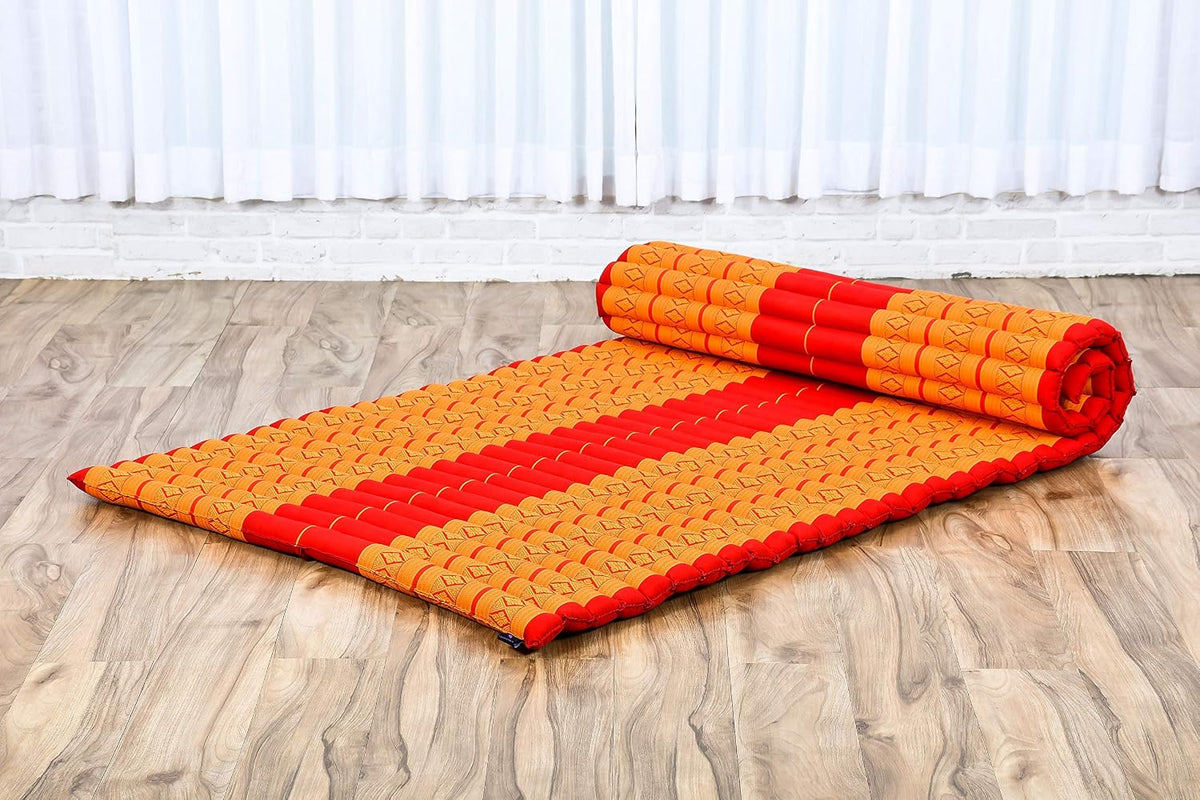 Kapok Roll Mat – Handcrafted Folding Sleep & Relaxation Mattress from Thailand, Ideal as Guest Bed, Camping Mat, Yoga Mat or Traditional Futon, 75 x 39 inches, Orange Red