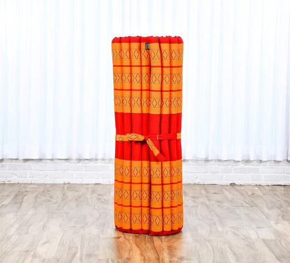 Kapok Roll Mat – Handcrafted Folding Sleep & Relaxation Mattress from Thailand, Ideal as Guest Bed, Camping Mat, Yoga Mat or Traditional Futon, 75 x 39 inches, Orange Red