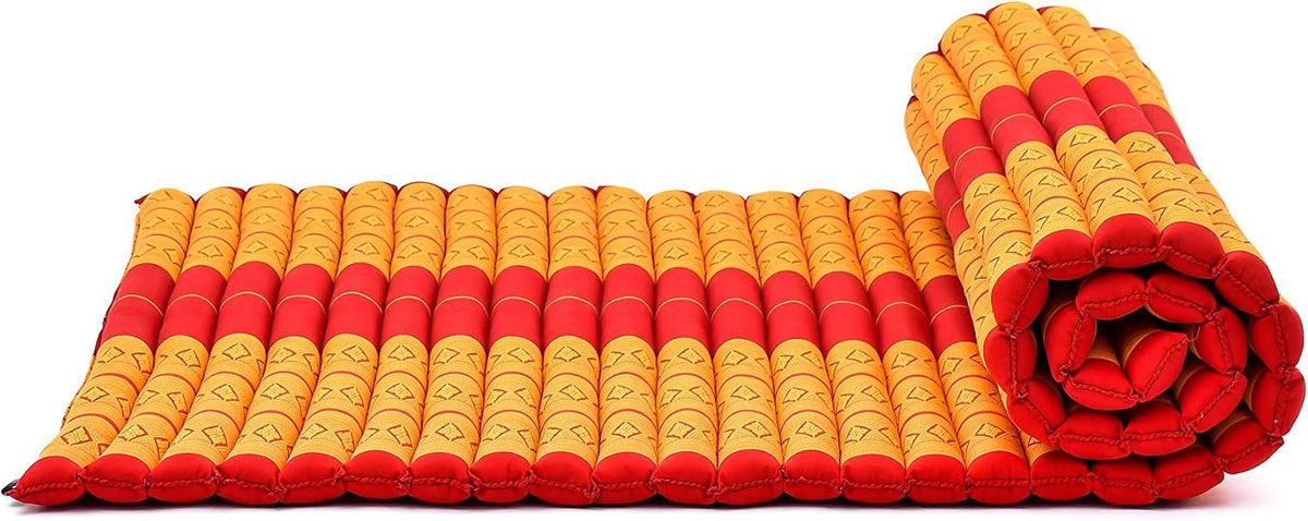 Kapok Roll Mat – Handcrafted Folding Sleep & Relaxation Mattress from Thailand, Ideal as Guest Bed, Camping Mat, Yoga Mat or Traditional Futon, 75 x 39 inches, Orange Red