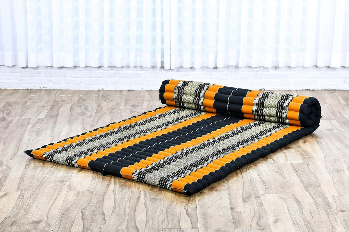 Kapok Roll Mat – Handcrafted Folding Sleep & Relaxation Mattress from Thailand, Ideal as Guest Bed, Camping Mat, Yoga Mat or Traditional Futon, 75 x 39 inches, Orange Red