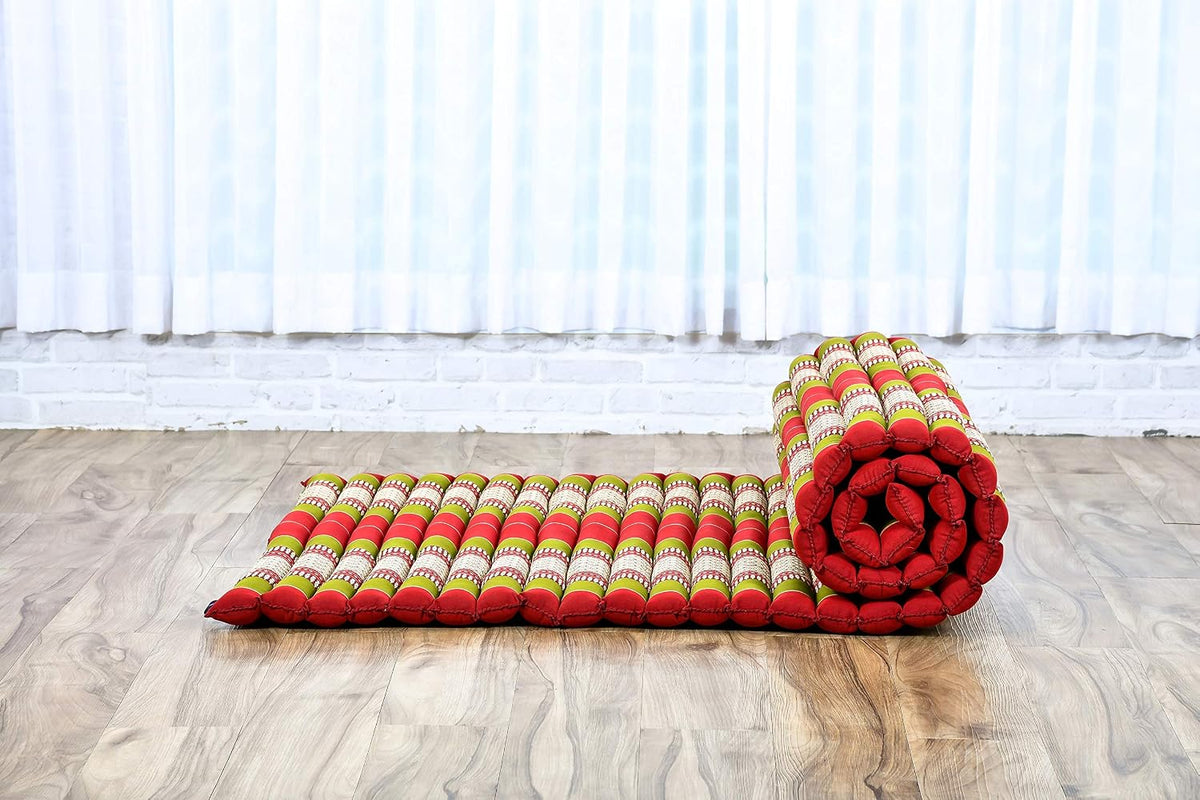 Kapok Roll Mat – Handcrafted Folding Sleep & Relaxation Mattress from Thailand, Ideal as Guest Bed, Camping Mat, Yoga Mat or Traditional Futon, 75 x 39 inches, Orange Red