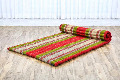 Kapok Roll Mat – Handcrafted Folding Sleep & Relaxation Mattress from Thailand, Ideal as Guest Bed, Camping Mat, Yoga Mat or Traditional Futon, 75 x 39 inches, Orange Red