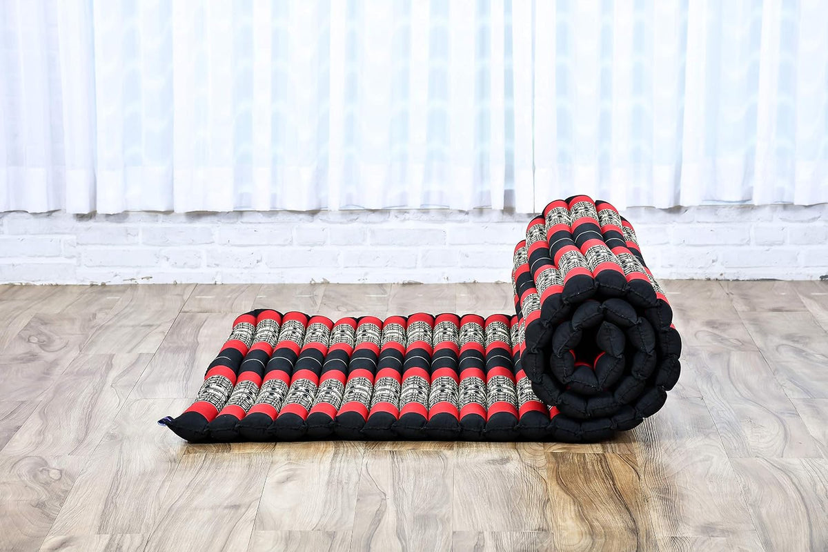 Kapok Roll Mat – Handcrafted Folding Sleep & Relaxation Mattress from Thailand, Ideal as Guest Bed, Camping Mat, Yoga Mat or Traditional Futon, 75 x 39 inches, Orange Red