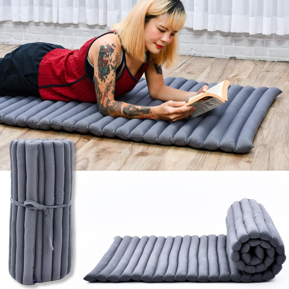 Kapok Roll Mat – Handcrafted Folding Sleep & Relaxation Mattress from Thailand, Ideal as Guest Bed, Camping Mat, Yoga Mat or Traditional Futon, 75 x 39 inches, Orange Red
