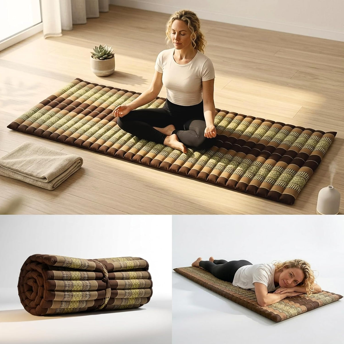 Kapok Roll Mat – Handcrafted Folding Sleep & Relaxation Mattress from Thailand, Ideal as Guest Bed, Camping Mat, Yoga Mat or Traditional Futon, 75 x 39 inches, Orange Red