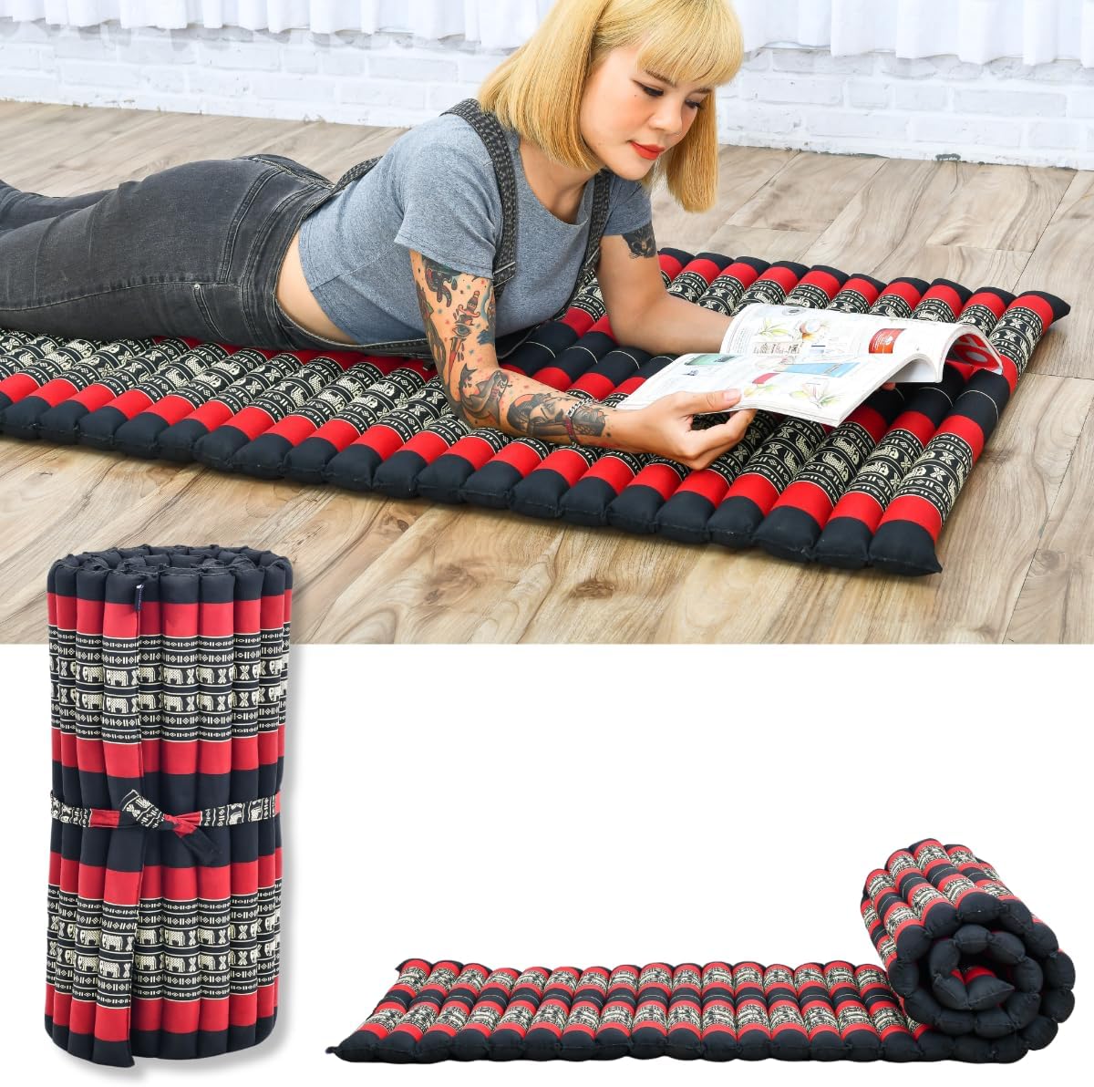 Kapok Roll Mat – Handcrafted Folding Sleep & Relaxation Mattress from Thailand, Ideal as Guest Bed, Camping Mat, Yoga Mat or Traditional Futon, 75 x 39 inches, Orange Red