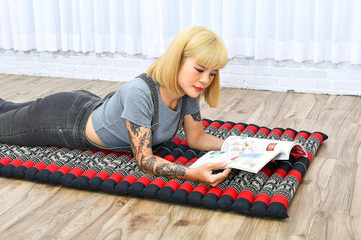 Kapok Roll Mat – Handcrafted Folding Sleep & Relaxation Mattress from Thailand, Ideal as Guest Bed, Camping Mat, Yoga Mat or Traditional Futon, 75 x 39 inches, Orange Red
