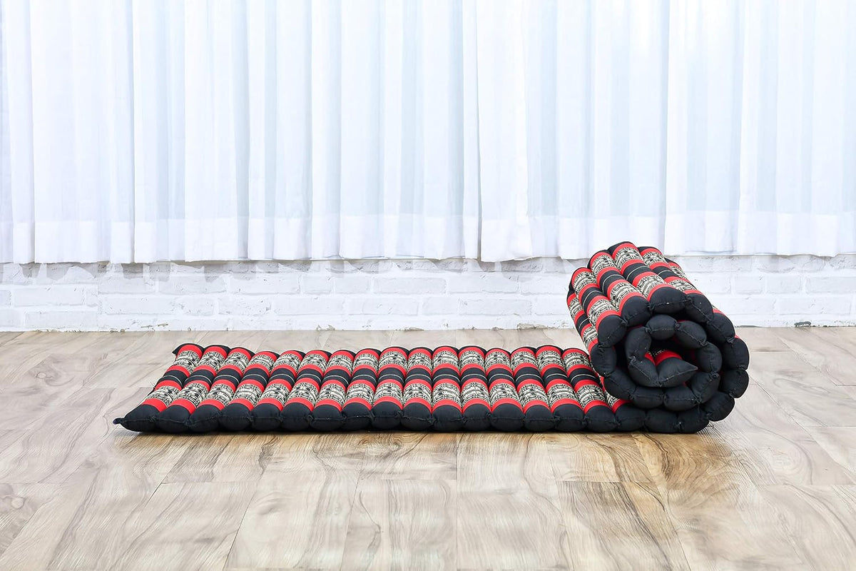 Kapok Roll Mat – Handcrafted Folding Sleep & Relaxation Mattress from Thailand, Ideal as Guest Bed, Camping Mat, Yoga Mat or Traditional Futon, 75 x 39 inches, Orange Red