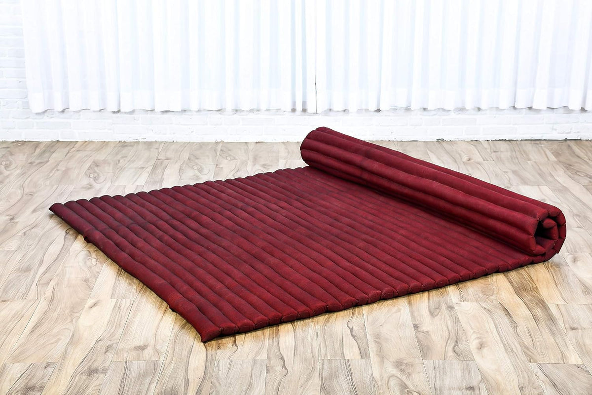 Kapok Roll Mat – Handcrafted Folding Sleep & Relaxation Mattress from Thailand, Ideal as Guest Bed, Camping Mat, Yoga Mat or Traditional Futon, 75 x 39 inches, Orange Red