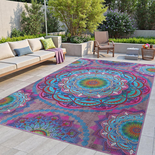Meditation Indoor Outdoor Rug 5x8 ft Mandala Pattern Rug Boho Style,Yoga Meditation Mat Picnic Rug for Patio Living Room Porch Garden Deck Backyard Easy to Clean Non Shedding Non-Slip