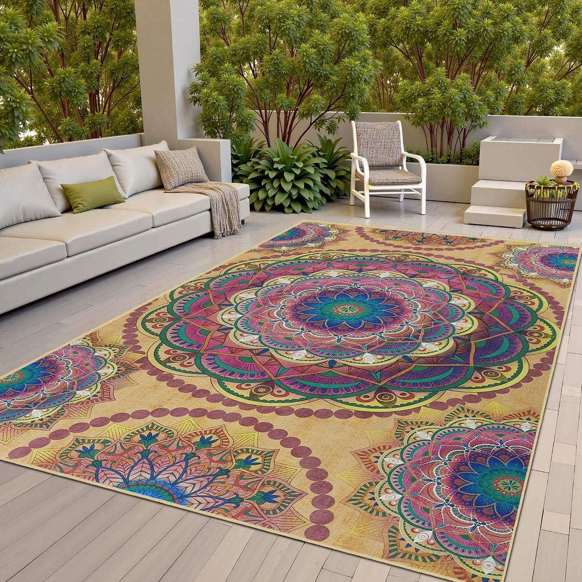 Meditation Indoor Outdoor Rug 5x8 ft Mandala Pattern Rug Boho Style,Yoga Meditation Mat Picnic Rug for Patio Living Room Porch Garden Deck Backyard Easy to Clean Non Shedding Non-Slip