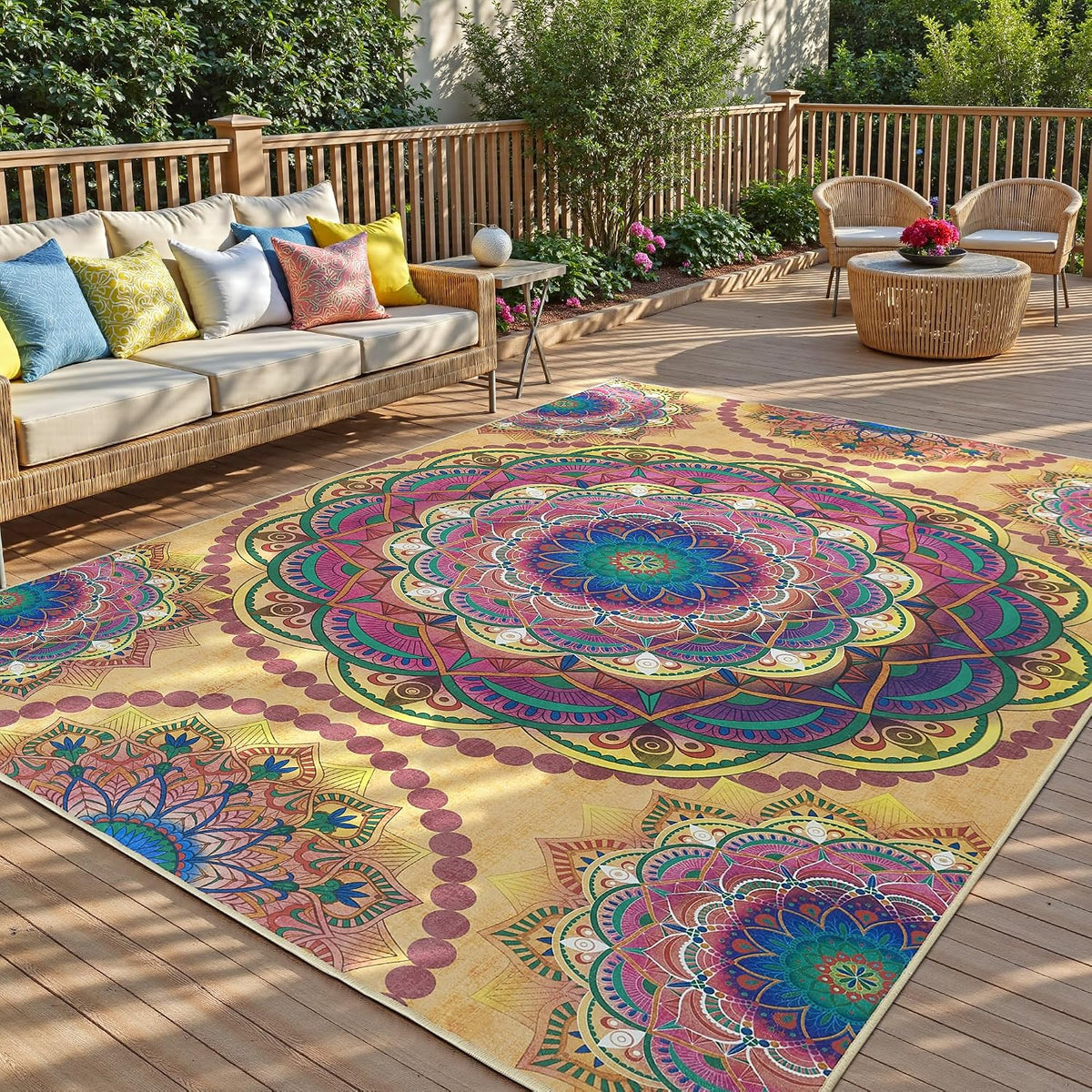 Meditation Indoor Outdoor Rug 5x8 ft Mandala Pattern Rug Boho Style,Yoga Meditation Mat Picnic Rug for Patio Living Room Porch Garden Deck Backyard Easy to Clean Non Shedding Non-Slip