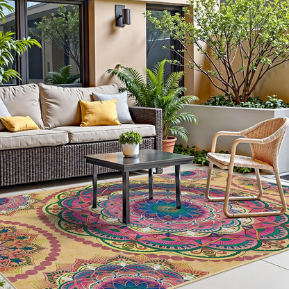Meditation Indoor Outdoor Rug 5x8 ft Mandala Pattern Rug Boho Style,Yoga Meditation Mat Picnic Rug for Patio Living Room Porch Garden Deck Backyard Easy to Clean Non Shedding Non-Slip