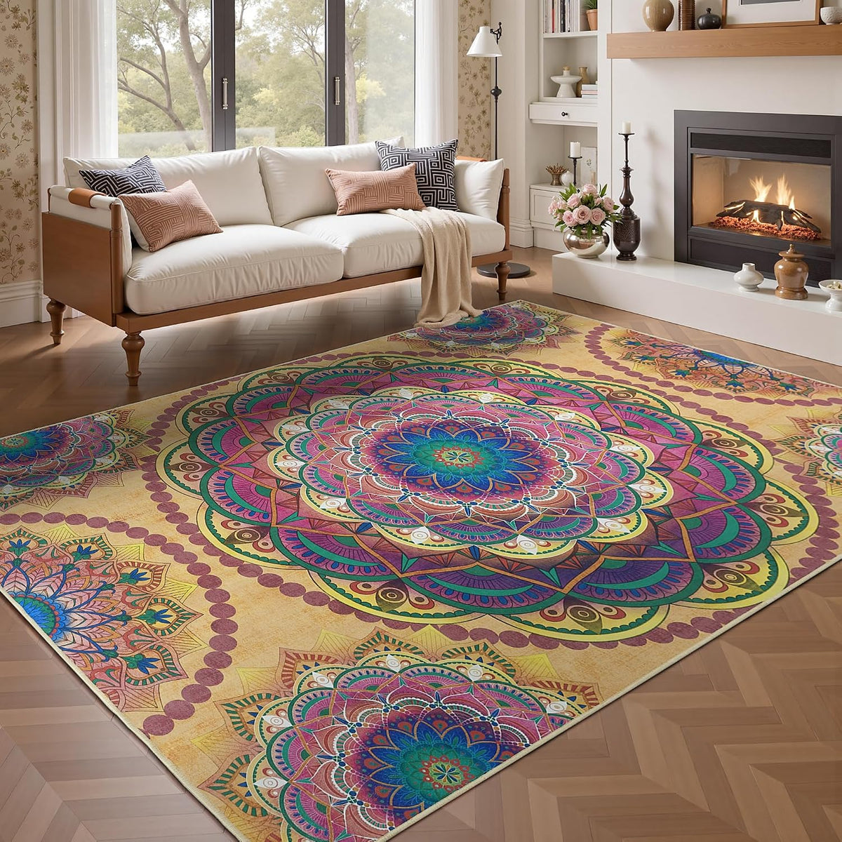 Meditation Indoor Outdoor Rug 5x8 ft Mandala Pattern Rug Boho Style,Yoga Meditation Mat Picnic Rug for Patio Living Room Porch Garden Deck Backyard Easy to Clean Non Shedding Non-Slip