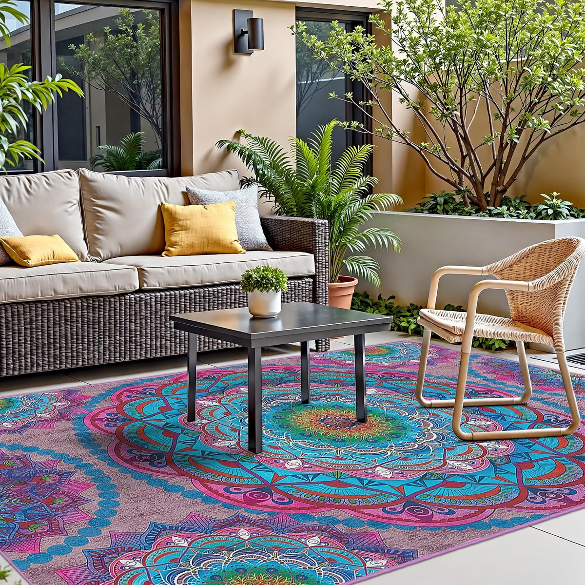 Meditation Indoor Outdoor Rug 5x8 ft Mandala Pattern Rug Boho Style,Yoga Meditation Mat Picnic Rug for Patio Living Room Porch Garden Deck Backyard Easy to Clean Non Shedding Non-Slip