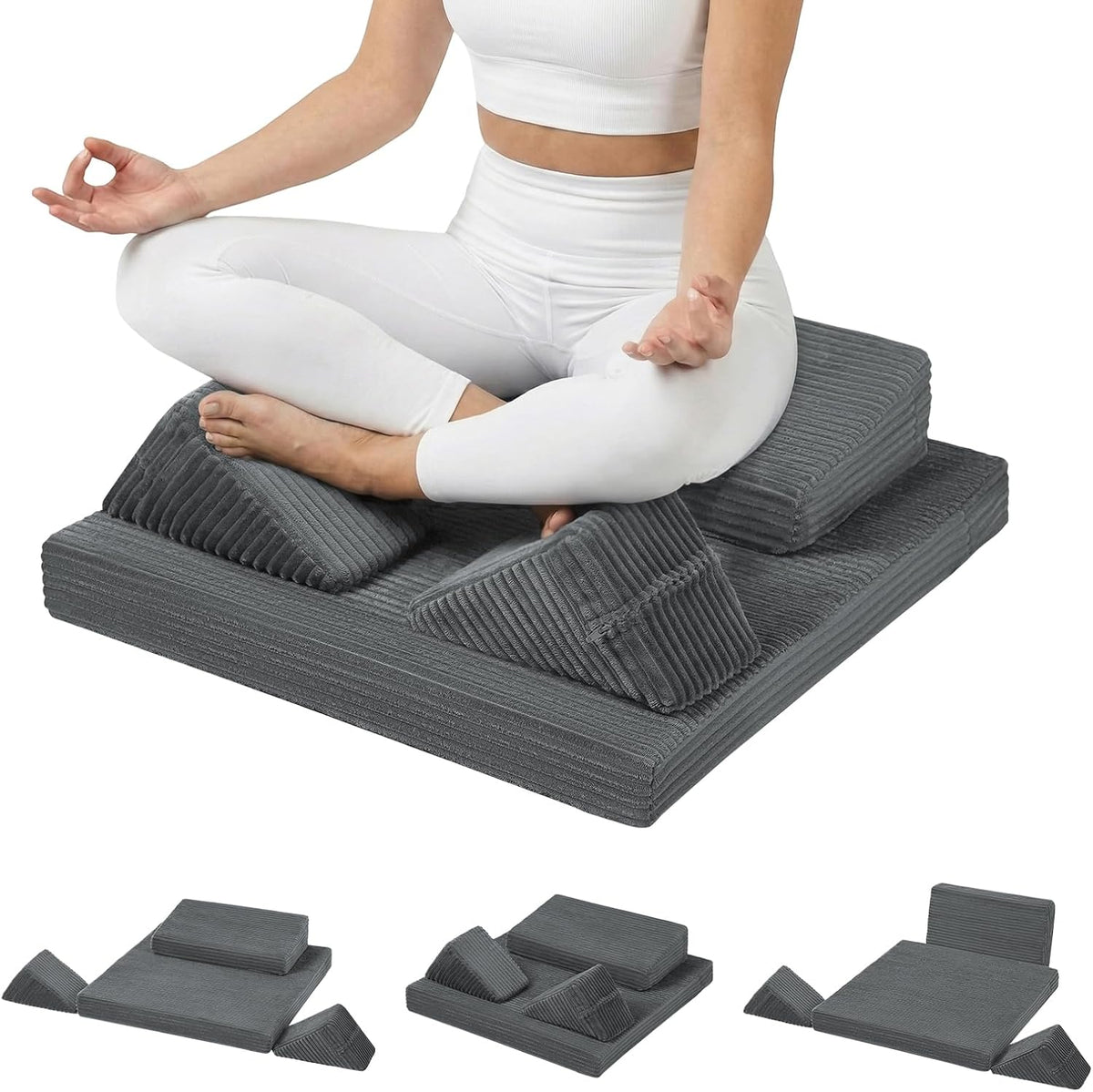 Meditation Cushion, Meditation Mat with Knee Support, Dark Grey | Large Washable Meditation Pillow for Sitting on Floor, Yoga Pillow with 2 Knee Cushions for Comfortable Sitting, 24x24in