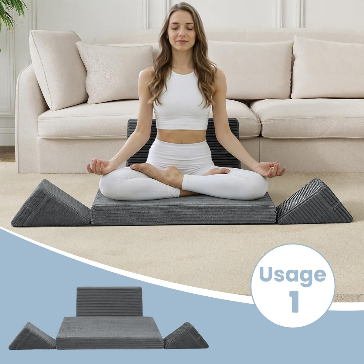 Meditation Cushion, Meditation Mat with Knee Support, Dark Grey | Large Washable Meditation Pillow for Sitting on Floor, Yoga Pillow with 2 Knee Cushions for Comfortable Sitting, 24x24in