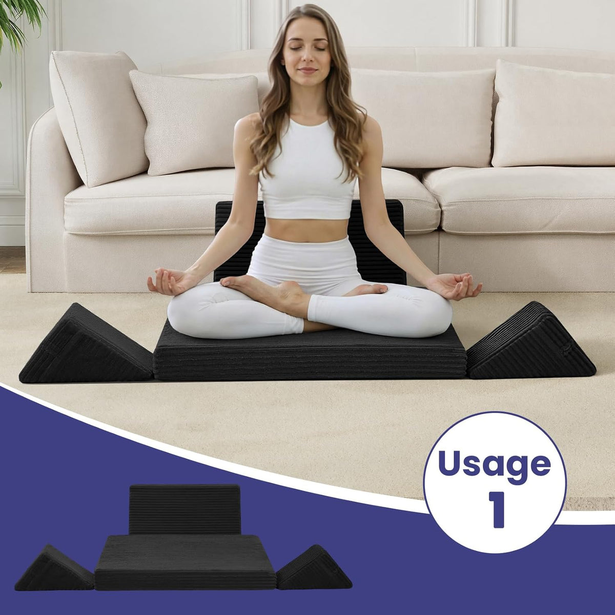 Meditation Cushion, Meditation Mat with Knee Support, Dark Grey | Large Washable Meditation Pillow for Sitting on Floor, Yoga Pillow with 2 Knee Cushions for Comfortable Sitting, 24x24in