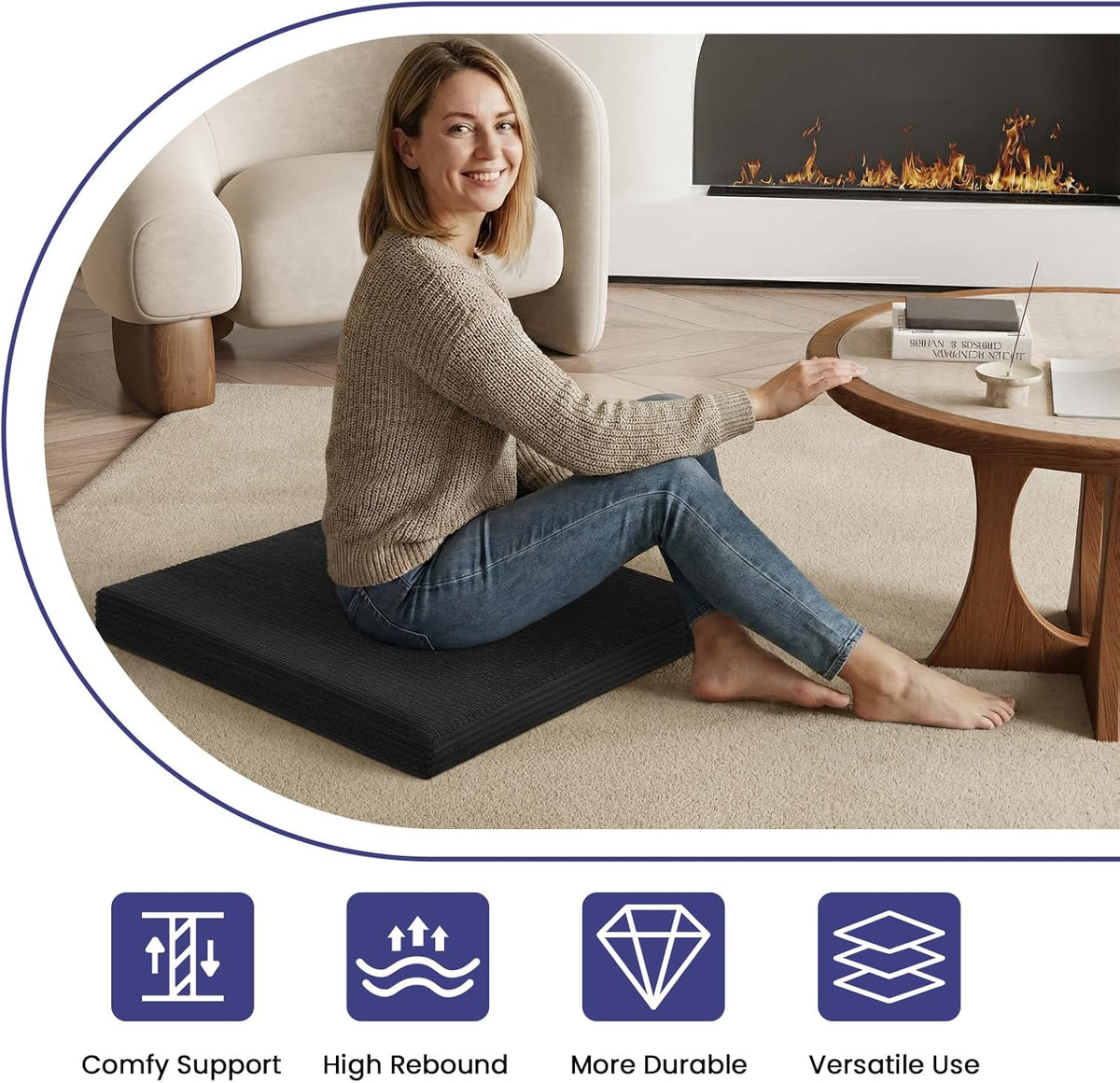 Meditation Cushion, Meditation Mat with Knee Support, Dark Grey | Large Washable Meditation Pillow for Sitting on Floor, Yoga Pillow with 2 Knee Cushions for Comfortable Sitting, 24x24in