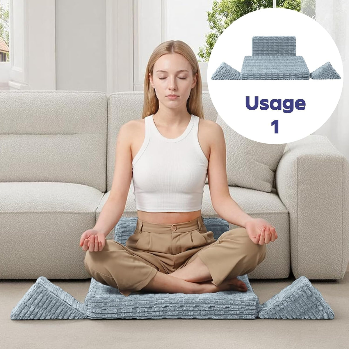Meditation Cushion, Meditation Mat with Knee Support, Dark Grey | Large Washable Meditation Pillow for Sitting on Floor, Yoga Pillow with 2 Knee Cushions for Comfortable Sitting, 24x24in